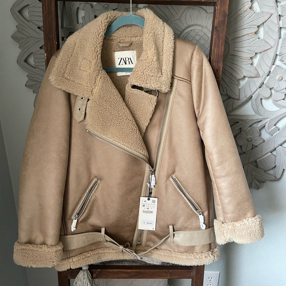 Zara shearling biker jacket NWT